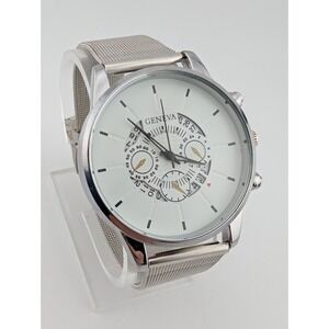 Geneva Watch‎ Men 41mm Case Silver Mesh Metal Band- New Battery